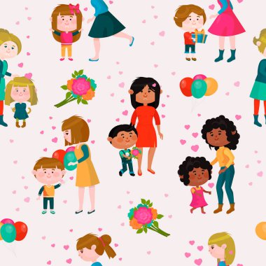 Sevgi dolu aile sevgililer günü vektör gün anne ve çocuklar Sevgililer güzel kalp kız mı erkek öpüşme anneler ve hediye ile sarılma çocuk çiçekler ve illüstrasyon Dikişsiz desen arka plan balonlar