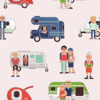 Üst düzey seyahat vektör yaşlı aile çift kamp römork seyahat ve dedesi bir araba Dikişsiz desen arka planda bir tatil motorlu karavan illüstrasyon dizi karakteri emekli