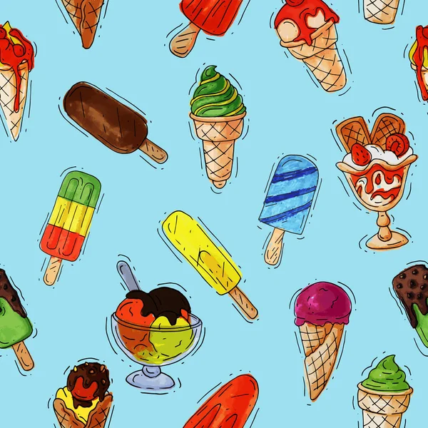 Ice cream vektorové ledové smetany nebo zmrzlinu v kuželu s čokoládovou a vanilkovou a ledové mléko dezert na scoop ilustrace polevou cukroví s mlékovka nastavit vzor bezešvé pozadí — Stockový vektor