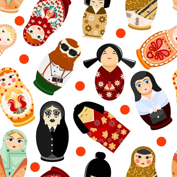 Κούκλα matryoshka διάνυσμα Ματριόσκα ρωσική toy παραδοσιακό σύμβολο της Ρωσίας εθνική matreshka διαφορετικών εθνικοτήτων τουριστικά Ιαπωνικά Αραβικά εικονογράφηση χωρίς ραφή πρότυπο υπόβαθρο — Διανυσματικό Αρχείο