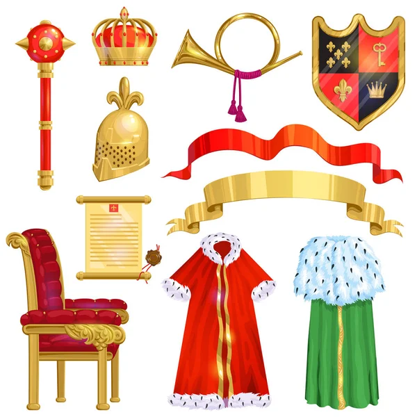 Vetor de realeza símbolo da coroa real dourada do rei rainha e princesa sinal de ilustração de coroação príncipe autoridade conjunto de judias da coroa e trono isolado no fundo branco — Vetor de Stock