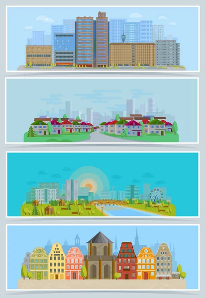 Cityscape vettore urbano città paesaggio con edifici e case nella strada del centro città set illustrazione — Vettoriale Stock