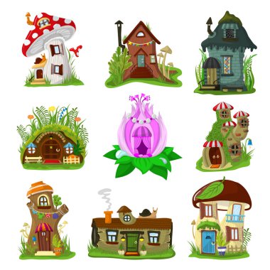Fantezi ev vektör karikatür peri treehouse ve büyü köyü resimde kümesi çocuklar masal Tiyatrosu gnome veya beyaz arka plan üzerinde izole elf için konut