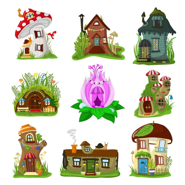 Fantasy casa vettore cartone animato fata casa sull'albero e magico villaggio di abitazioni illustrazione set di bambini fiaba casetta per gnomo o elfo isolato su sfondo bianco — Vettoriale Stock