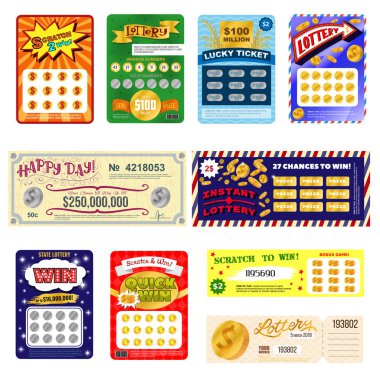 Piyango Bilet vektör şanslı bingo kartı kazanmak şans Loto oyun ikramiye izole illüstrasyon oyun kazı beyaz arka plan üzerinde ayarlayın.