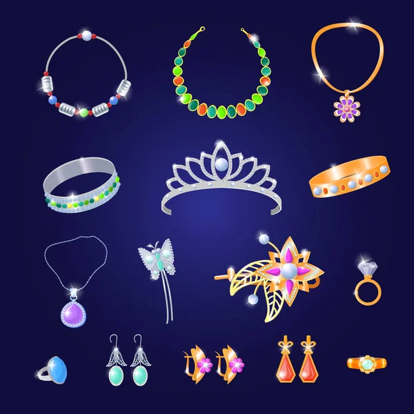 Gioielli vettoriale gioielli bracciale in oro o collana e orecchini set di anelli in argento con diamanti gioielli accessori illustrazione isolata sullo sfondo — Vettoriale Stock