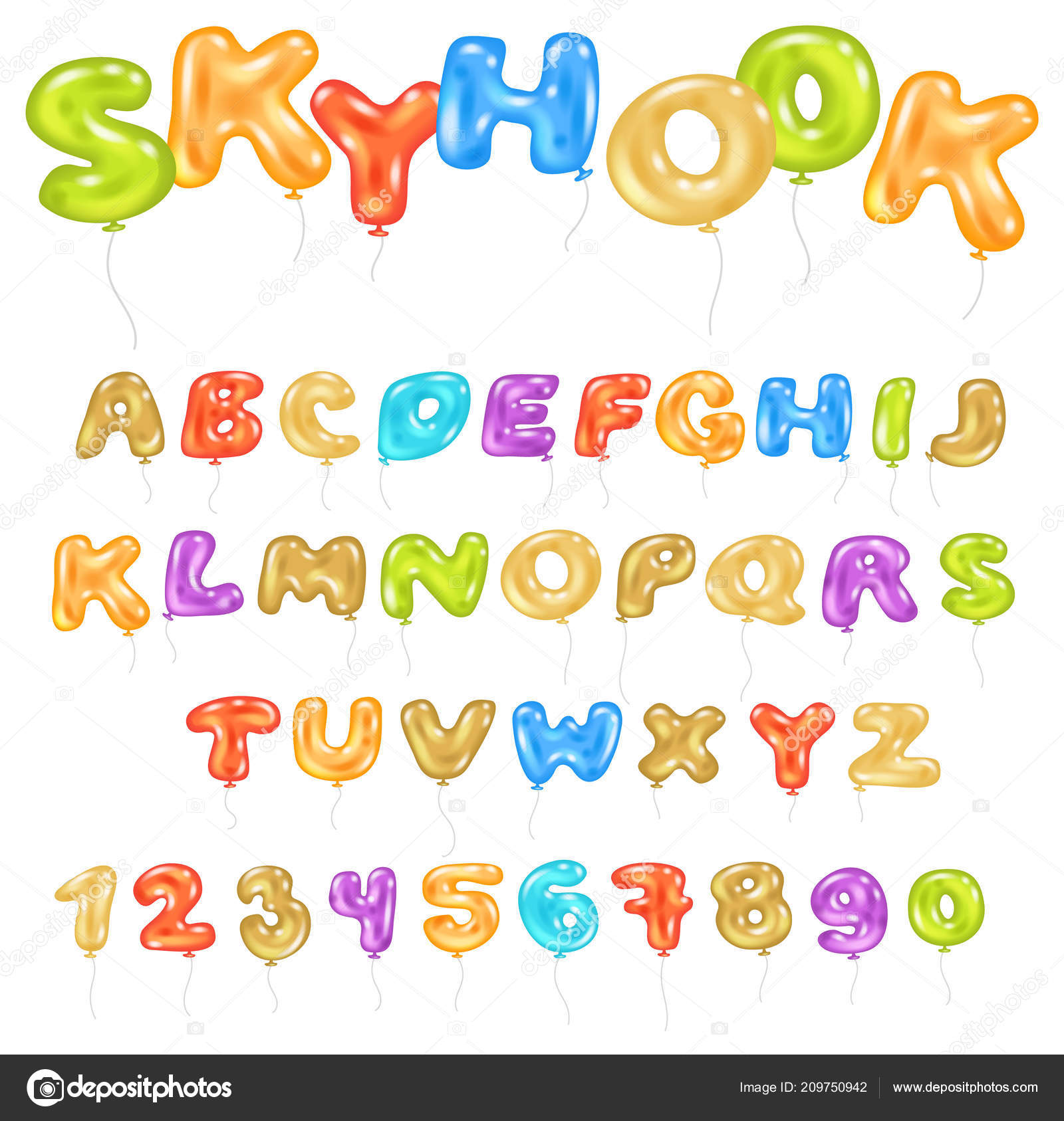 Alfabeto Abc balão crianças alfabética fonte vetor com hélio cor de letras e números para ...