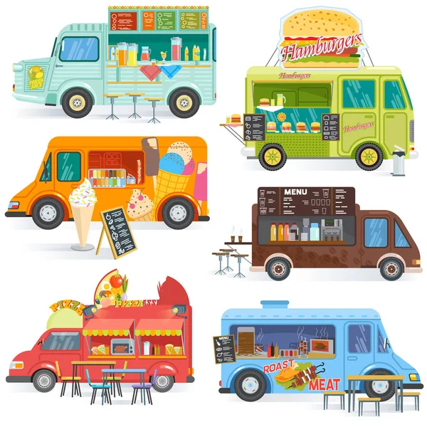 Caminhão de comida vetor rua veículo de caminhão de comida e transporte de entrega de fast food com cachorro-quente ou pizza ilustração conjunto de bebidas ou sorvete em food truck isolado no fundo branco — Vetor de Stock