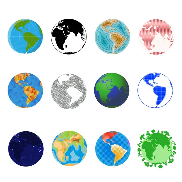 Earth planet vector global world universe and worldwide universal globe illustration worldly set of earthed sphere logo with continents and ocean isolated on white background — Stock Vector