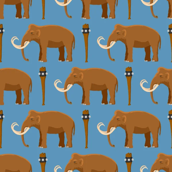 猛犸象哺乳动物的动物特征与象牙和树干在古老的 stoneage 例证史前大象被隔绝在白色背景上 — 图库矢量图片
