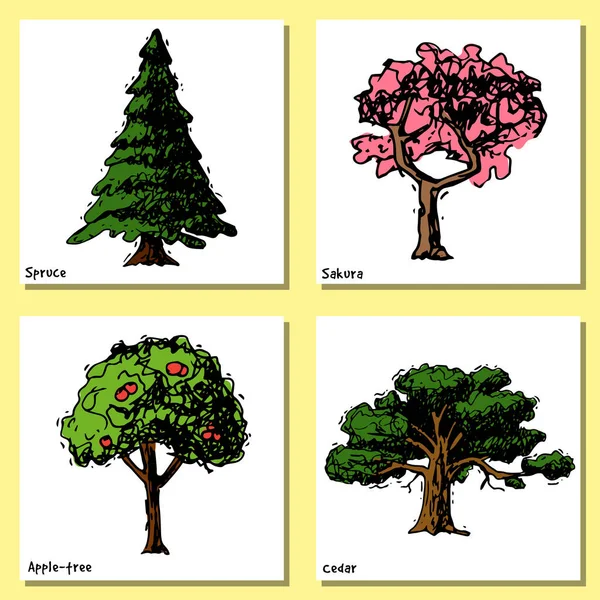 Vector árvore esboço mão desenhado estilo tipos verde floresta pinheiros coleção de bétula, cedro e acácia ou verde jardim com palma e sakura ilustração fundo — Vetor de Stock