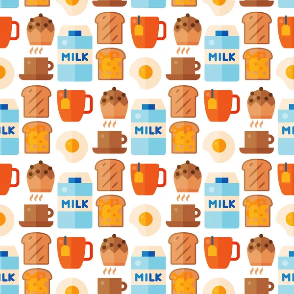 Desayuno comida saludable comida iconos patrón sin costuras fondo bebidas diseño plano pan huevo almuerzo menú de carne saludable restaurante vector ilustración . — Vector de stock