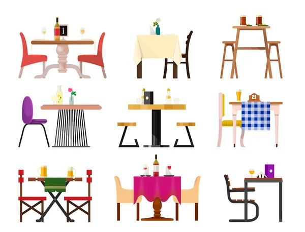 Cafe tafels in het restaurant instelling vector eettafel meubilair en stoel voor romantische lunch diner datum in cafetaria illustratie geïsoleerd op witte achtergrond — Stockvector