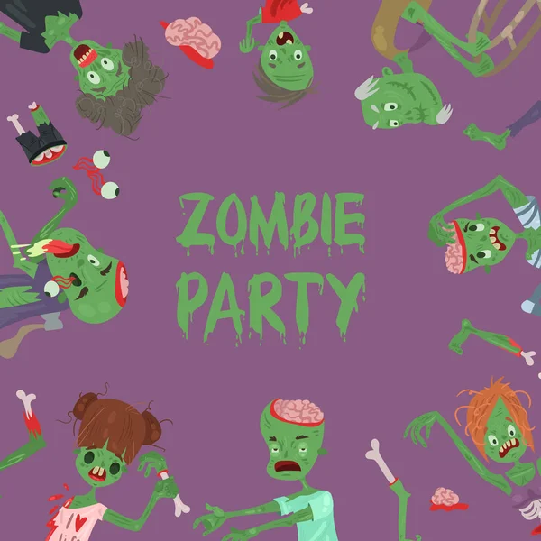 Vecctor zombie cartoon Halloween magic mensen body delen, groene huid menselijke organen Zombie man en vrouw teken patroon partij uitnodiging achtergrond, monsters vectorillustratie — Stockvector