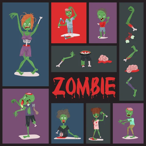 Vecctor zombie cartoon Halloween magic mensen body delen, groene huid menselijke organen Zombie man en vrouw teken patroon partij uitnodiging achtergrond, monsters vectorillustratie — Stockvector