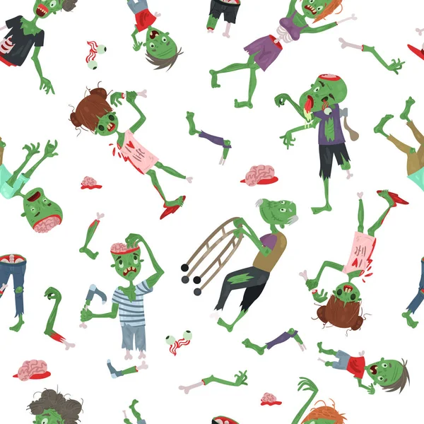 Vecctor zombie dibujos animados Halloween mágico cuerpo de la gente partes, piel verde órganos humanos Zombie hombre y mujer patrón de invitación fiesta fondo, monstruos vector ilustración — Vector de stock