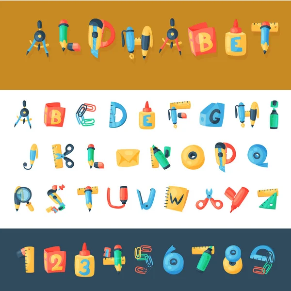 Alphabet stationery letters vector abc font alphabetic icons of office supply and school tools accessories for education pencil or pen alphabetically isolated on background illustration — Stock Vector