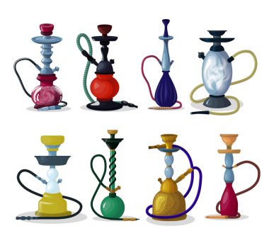 Nargile vektör tütün nargile sigara boru Arapça shisha ve sigara hubble-bubble resimde kümesi Türk aroma tüp nesne beyaz arka plan üzerinde izole dinlenmek için