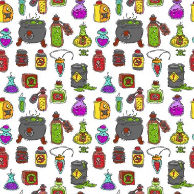 Şişe iksiri oyunu sihirli cam iksiri toksik madde tehlikeli toksin ilaç konteyner Dikişsiz desen arka plan vektör çizim zehirlenmesi ile