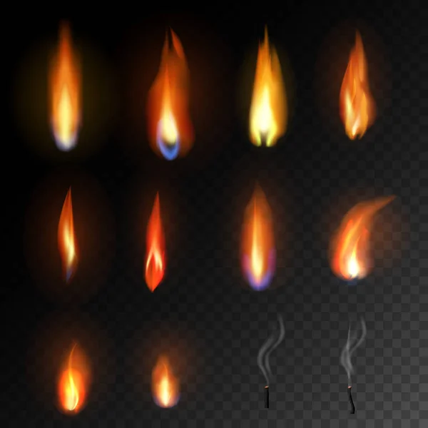 Mum alevi vektör yanan mum ışığı ve yanıcı ateş hafif illüstrasyon ateşli flamy kümesi parlak yakmak dekorasyon siyah şeffaf arka plan üzerinde izole kutlama için ateş — Stok Vektör