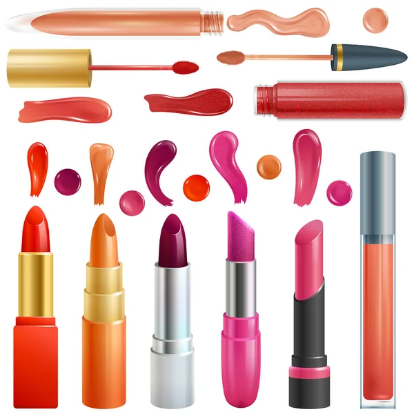 Vetor de batom bela cor vermelha moda rosa lipgloss lábio maquiagem ilustração conjunto de cosméticos femininos líquidos brilhantes isolados no fundo branco — Vetor de Stock