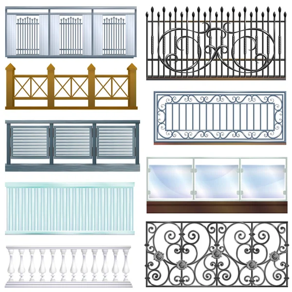 Balcony railing vector vintage metal steel fence balconied decoration architecture design illustration set of classical handrail balustrade construction isolated on white background — Stock Vector