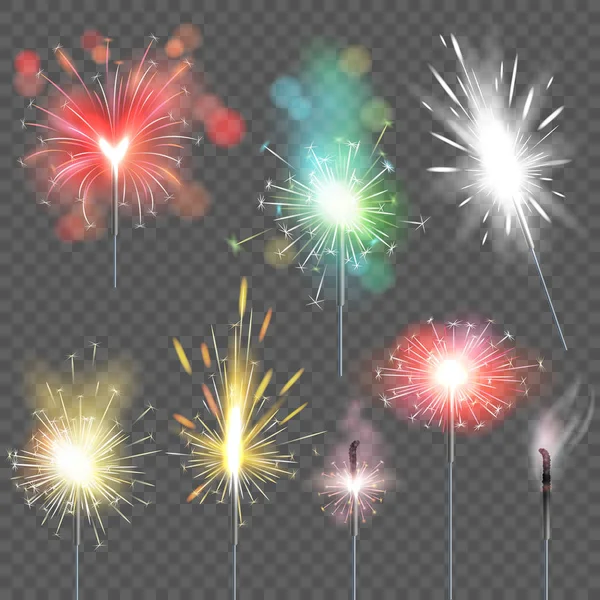 Sparkler vector chispeante celebración de la fiesta de Navidad año nuevo chispas ilustración conjunto de chispas chispeantes chispa bengala quema en el cumpleaños aislado sobre fondo transparente — Vector de stock