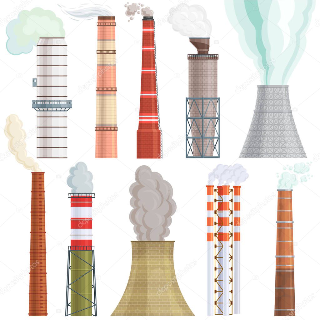 Industry factory vector industrial chimney pollution with smoke in environment illustration set of chimneyed pipe factory with toxic air power energy isolated on white background.