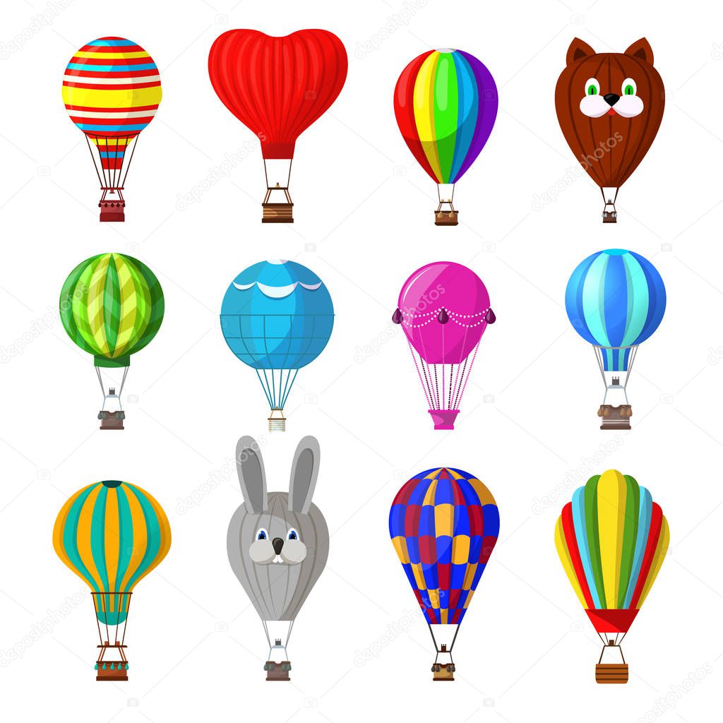 Balloon vector cartoon air-balloon or aerostat with basket flying in sky and ballooning adventure flight illustration set of ballooned traveling flying toy isolated on white background