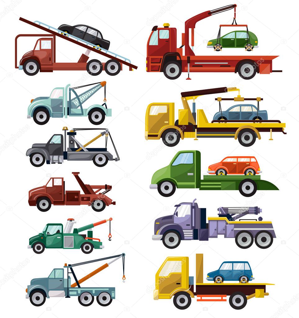 Tow truck vector towing car trucking vehicle transportation towage help on road illustration set of towed auto transport isolated on white background