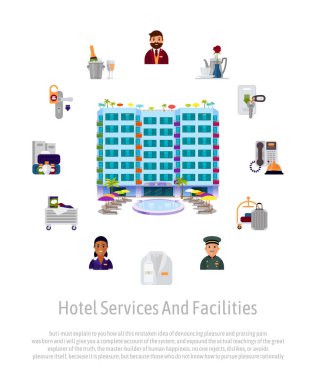 Otel servisi personel özellikleri otel iş için banner reklam. Yönetici, kahya, Garson, garson ve resepsiyonist ile vektör çizim. Tasarım profesyonel meslek poster.