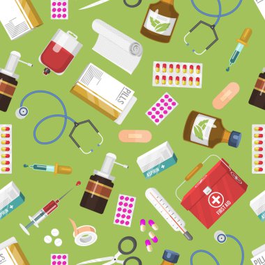 Tıp seamless modeli. İlk yardım çantası, stetoskop ve şırınga, tıp ve ilaç, şişe el dezenfektanı şişeler, tıbbi sıva, pipet. Vektör çizim sağlık tedavi