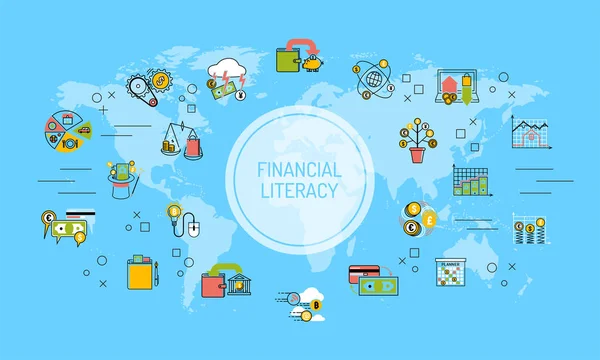 Mapa del mundo de la alfabetización financiera ahorrando dinero para la ilustración del vector del concepto de educación. Esquema economía terrestre educación banca inversión diseño . — Archivo Imágenes Vectoriales