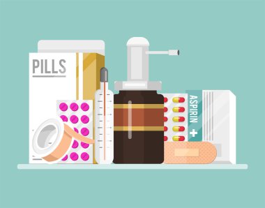 Medicine first aid kit shelf vial of medicine, and pills, hand sanitizer bottles, medical plaster, pipette. Vector illustration healthcare treatment