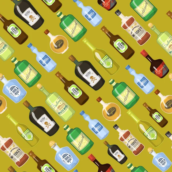 Alcohol seamless background with wine and cocktail bottles and glasses vector illustration. Beverage restaurant drink bar party menu texture graphic textile. — Stock Vector