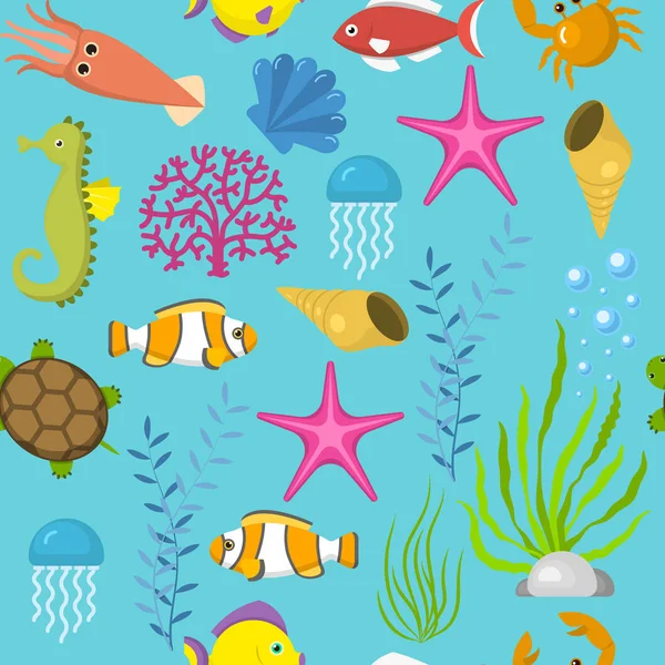 无缝的向量样式与可爱的装饰鱼例证。有趣的多色背景, 海洋纹理水下水生野生动物. — 图库矢量图片