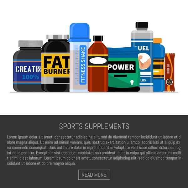 Sport nutrition tillägg affisch. Fitness. Protein shakers energidrycker. Vektor illustration hälsosam mat för bodybuilding power bakgrund. Atletisk pulver ekologisk muskel näringsmässiga måltid. — Stock vektor