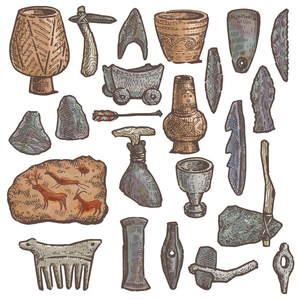 Stenåldern vektor primitiv cave vapen och neandertalare gamla steniga kniv och yxa illustration stoneage uppsättning jakt förhistoriska maträtt leksaker isolerad på vit bakgrund — Stock vektor