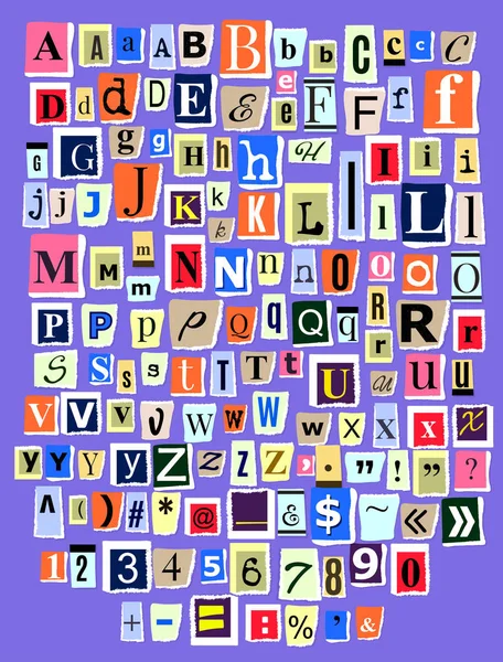 Alphabet collage ABC vector alphabetical font letter cutout of newspaper magazine and colorful alphabetic handmade cutting text newsprint illustration alphabetically typeset isolated on background — Stock Vector