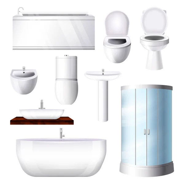 Salle de bain baignoire vectorielle intérieure lavabo douche WC-bol dans salle de bain illustration ensemble de cabine de douche WC-siège dans la salle de bain et WC isolé sur fond blanc — Image vectorielle