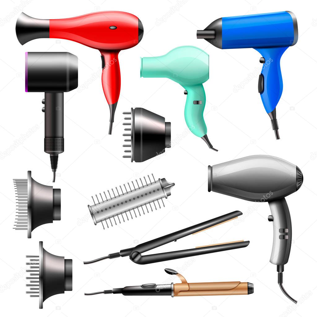 Hair dryer vector fashion hairdryer of hairdresser to blow-dry and electric hair-dryer blower illustration beauty set of barber styling appliance straightener curler isolated on white background