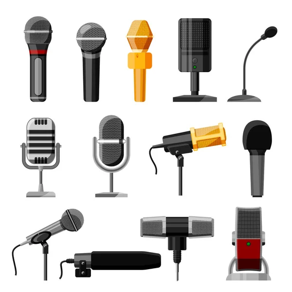 Microfone dictaphone vetor de áudio e microfones para transmissão de podcast ou conjunto de tecnologia de gravação de música de radiodifusão equipamento de concerto ilustração isolada em fundo branco — Vetor de Stock