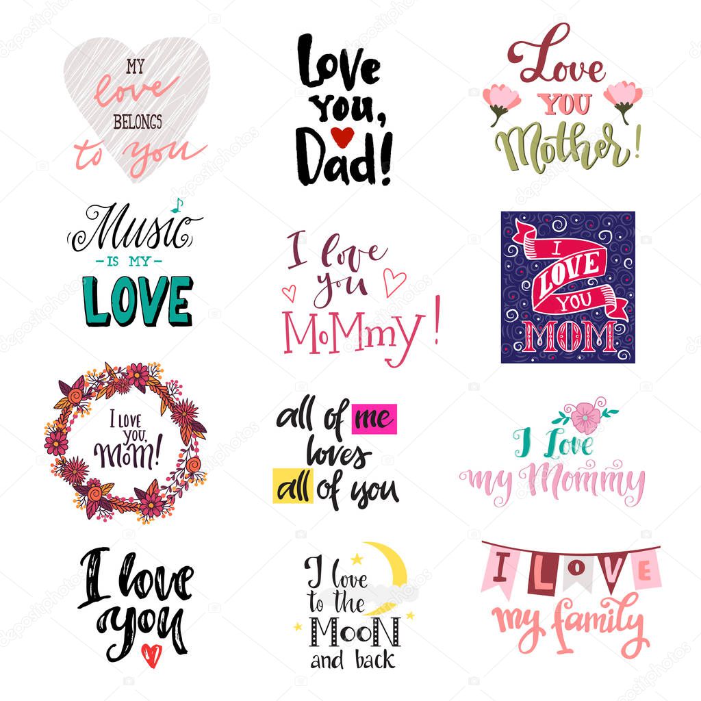 Love lettring vector lovely calligraphy lovable sign to mom dad iloveyou on Valentines day beloved card illustration set of family love decor typography isolated on white background