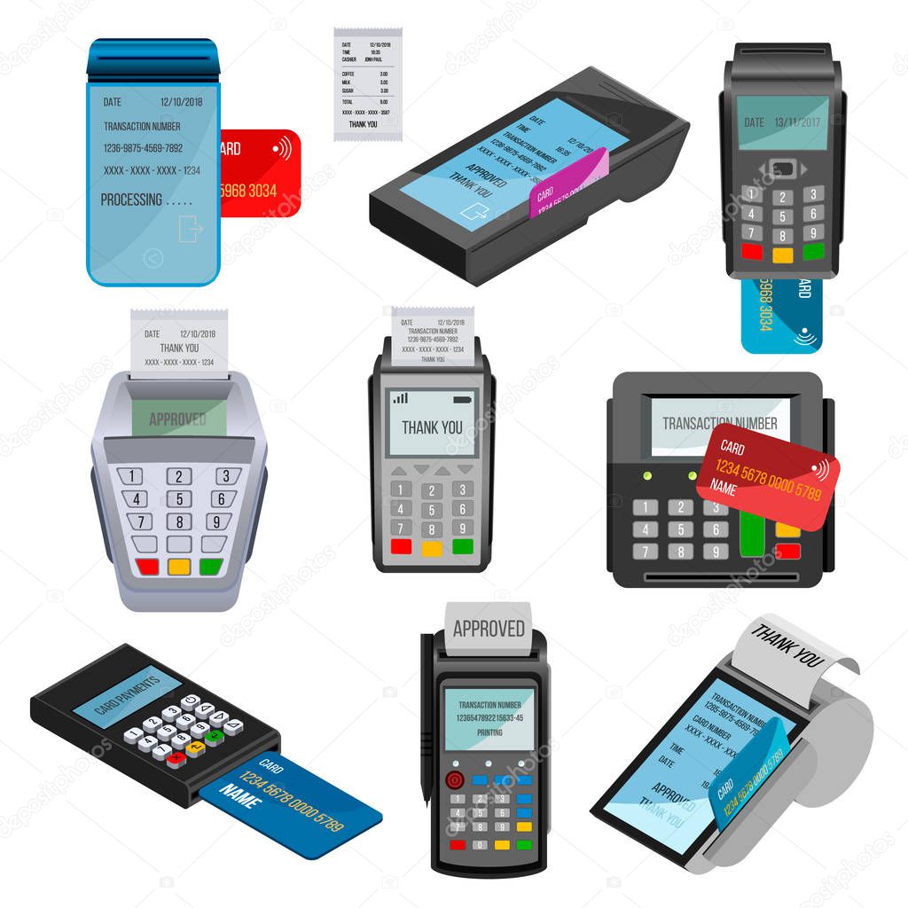 Payment machine vector pos banking terminal for credit card paying through machining cardreader or cash register in store illustration set isolated on white background