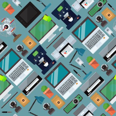 Bilgisayar office ekipman seamless modeli. Dizüstü bilgisayar, monitör, tablet pc, smartphone, yazıcı klavye, fotoğraf makinesi, fare elektronik dijital vektör çizim.