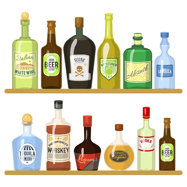 Más alkoholos italok palackokban. Alkohol üveg whiskey-t ital és pezsgő, vodka és martini, brandy és rum, vektoros illusztráció — Stock Vector