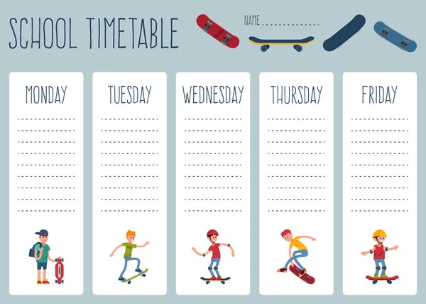 Sjabloon school tijdschema voor leerlingen of leerlingen met dagen van de week en vrije ruimten voor notities. Illustratie omvat mensen tiener skateboard sport, skate achtergrondthema school. — Stockvector