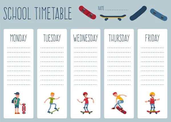 Modèle d'horaire scolaire pour les étudiants ou les élèves avec des jours de la semaine et des espaces libres pour les notes. Illustration comprend des personnes adolescent skateboard sport, skate fond école thème . — Image vectorielle