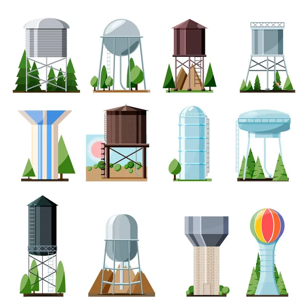 Air menara vektor tangki penyimpanan sumber daya air waduk dan industri struktur logam tinggi air-menara ilustrasi set konstruksi menjulang terisolasi pada latar belakang putih - Stok Vektor