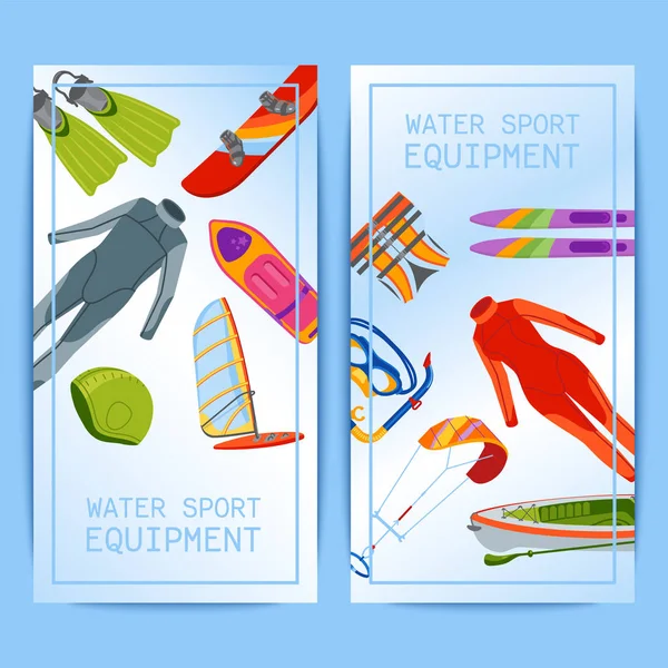 Nyári strand tengeri sportok bannerek vízisportok vektoros illusztráció. Aktív emberek vízisport szörf, szörfözés, jet-ski légzőcső, búvárkodni, cső, ride speed boat banán úszó eszközök. — Stock Vector